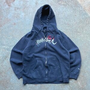 VTG Y2K Quiksilver Mens Vintage Faded Navy Blue Full Zip Graphic Hoodie L Surf